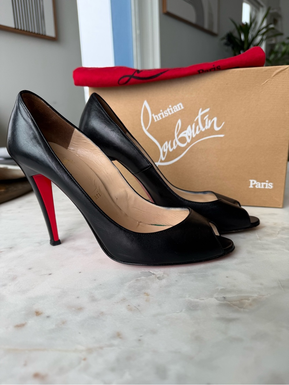 Christian Louboutin Black Leather Peep-Toe Pumps with Red Heel